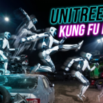 Unitree H2-X humanoid robot executing kung fu kicks in a junkyard, with text reading Unitree H2-X Kung Fu Legend