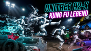 Unitree H2-X humanoid robot executing kung fu kicks in a junkyard, with text reading Unitree H2-X Kung Fu Legend