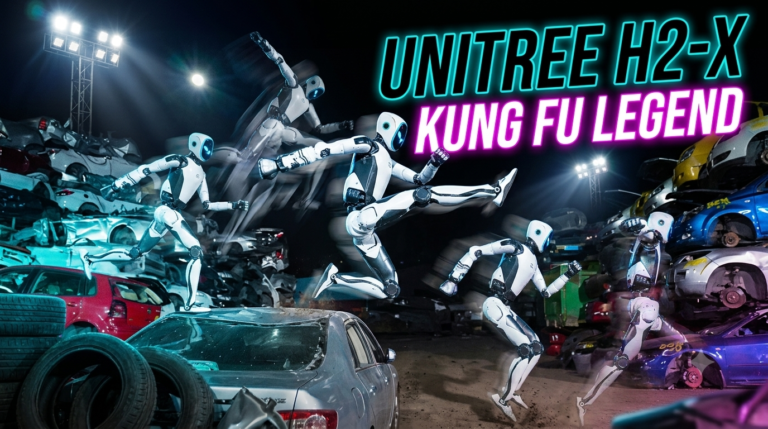 Unitree H2-X humanoid robot executing kung fu kicks in a junkyard, with text reading Unitree H2-X Kung Fu Legend
